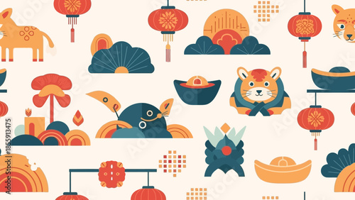 Auspicious Lunar New Year seamless pattern with tigers, lanterns, and traditional cultural elements