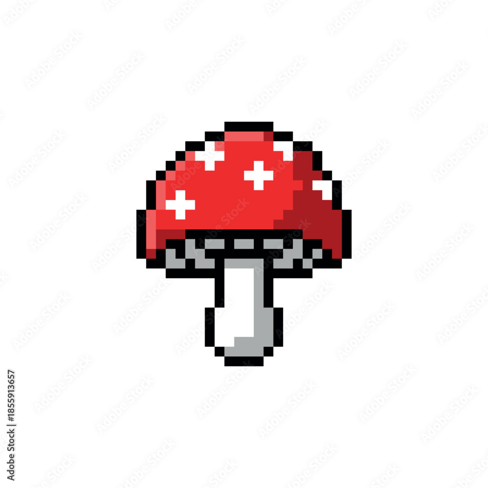 Obraz premium Pixel art mushroom illustrations with iconic red colors and simple shapes. Fantasy illustrations, RPG elements, children's designs, and cozy and nostalgic visual needs.