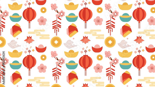 Festive Asian cultural celebration pattern featuring traditional symbols and lanterns