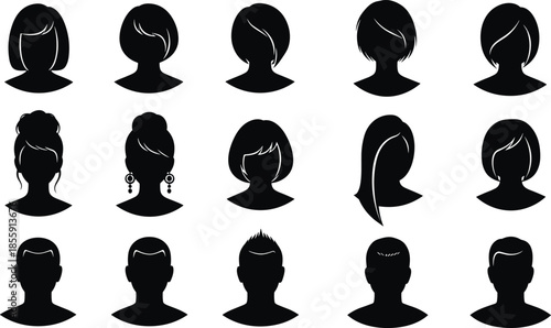 Silhouette hairstyle icons set featuring diverse male and female head shapes, trendy haircuts, avatar styles, fashion design elements