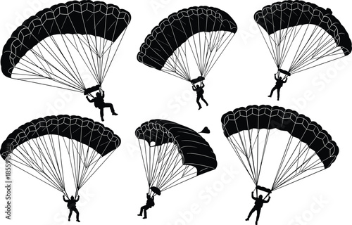 Silhouettes of parachutists descending with open parachutes in various poses, showcasing skydiving motion, canopy shapes, and aerial dynamics