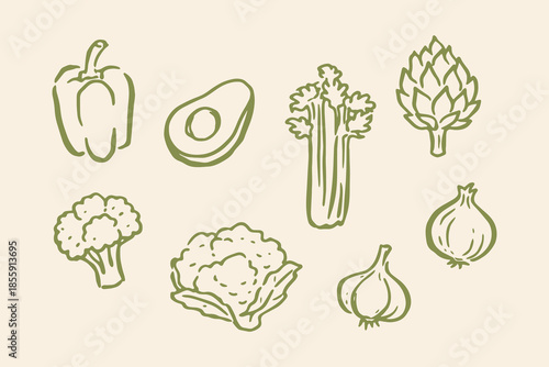 Vegetable set avocado pepper celery broccoli artichoke doodle vector