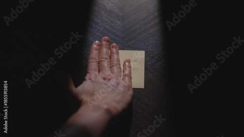 Slow motion close up footage of a hand drawing a heart on a paper note and placing it on a table. Shot in dramatic lighting for an impressive title or transition.