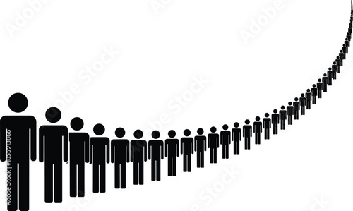 Silhouette crowd of people in perspective line formation, symbolizing growth, unity, population, teamwork, and social connection on white background