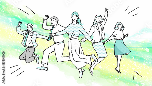 スタートアップのイメージイラストージャンプするビジネスパーソンーカジュアル服ー抽象的背景イラスト素材