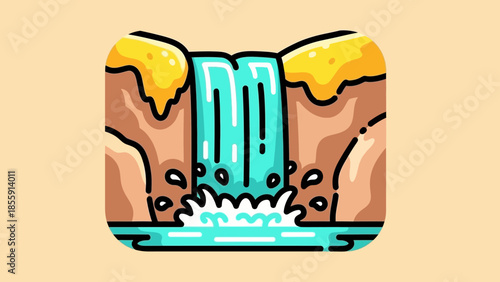 Cartoon Waterfall Landscape with Rocks and Water Splashes Illustration.
