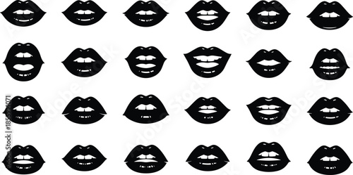 Set of 25 black lip silhouettes showing various mouth shapes and expressions for phonetics, emotion, communication, and graphic design use.