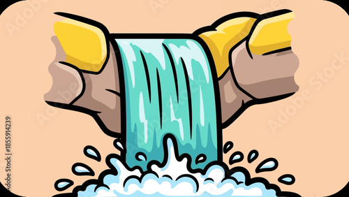 Cartoon Waterfall Cascading Over Rocks with Splashing Water.