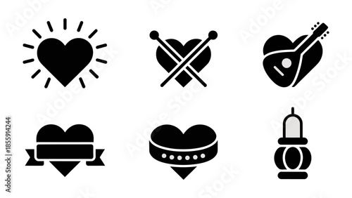 Love's Symbolism: A collection of heart icons, each depicting a unique expression of love, including radiating light, craftiness, musical instruments, ornamental banners, adornments, and lamps.