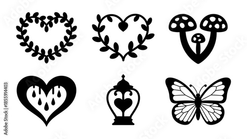 A Collection of Delightful Emblems: A charming collection of six intricately designed emblems, featuring heart-shaped wreaths, whimsical mushrooms, a heart-shaped droplet.