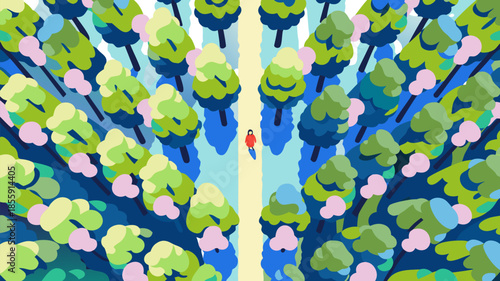 Traveler walking along forest path from above vector illustration