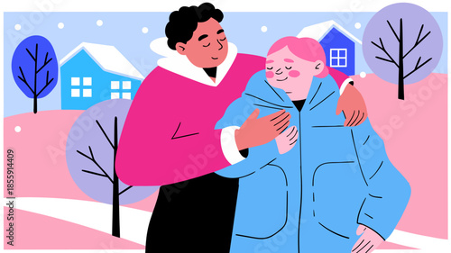 Vector illustration of two people in warm coats hugging outdoors in a snowy neighborhood