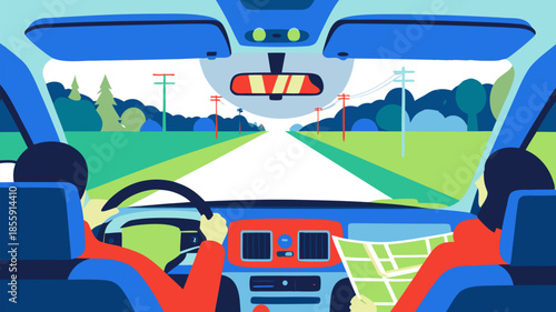 Couple driving on countryside road from inside car vector illustration