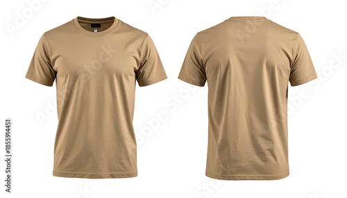 Two views of a tan-colored t-shirt, front and back, isolated on black background