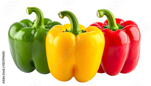 Three vibrant bell peppers in green, yellow, and red on a transparent background