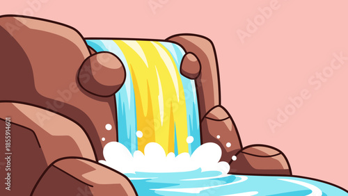 Cartoon Waterfall Scene with Rocks and Flowing Water.