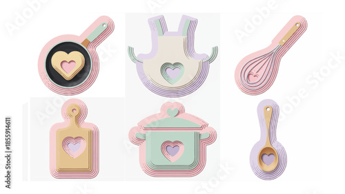 Kitchen Utensils: A collection of charming, heart-themed kitchen tools, perfect for culinary endeavors, exuding warmth and creativity