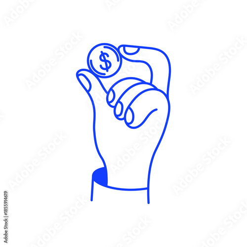 Vector simple linear illustration in doodle sketchy style, hand holding coin, payment concept