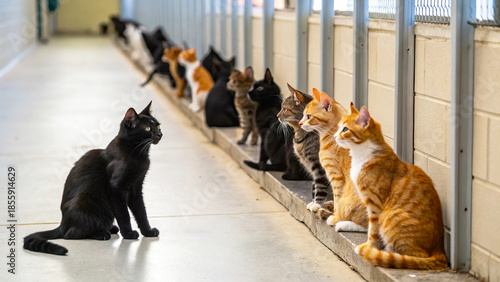 Line of Diverse Cats Sitting Attentively in a Hallway, Waiting in a Shelter Corridor, Each Unique with Their Own Charm.