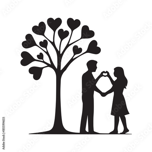 A loving couple forms a heart under a romantic tree with heart-shaped leaves, symbolizing eternal affection