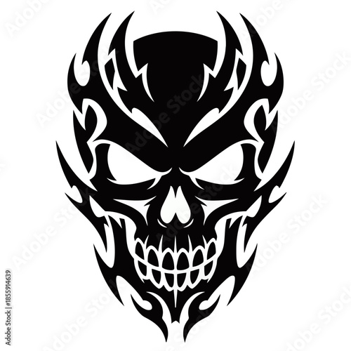 A striking black tribal flame skull design with sharp, angular edges and glowing eyes, evoking a sense of danger and power.