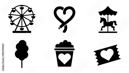 Fairground Delights: A collection of simple, charming icons captures the joy of fairgrounds, showcasing a Ferris wheel, carousel, cotton candy, popcorn, heart pretzel.