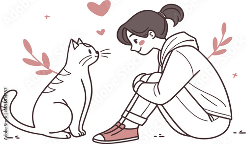 Cute cartoon vector illustration of a girl and cat with a heart symbol and a funny dog character designed as a pet love drawing in a festive Christmas nature outline