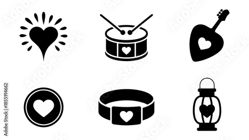 A Collection of Love Icons: A collection of six elegantly designed icons, each showcasing a heart, rendered in a simple yet charming black and white style.