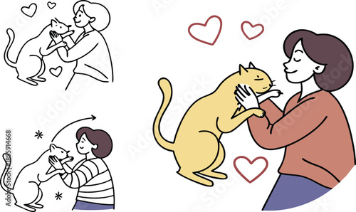 Funny vector illustration of a strong man and woman with a heart character and a happy child drawing in a comic art style