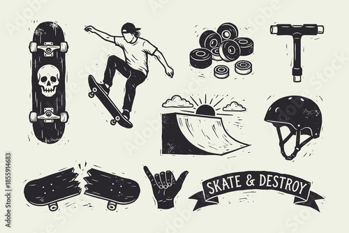Retro Skateboarding Icon Set: Skater, Ramp, Skull Deck, Wheels, and Helmet Graphics.