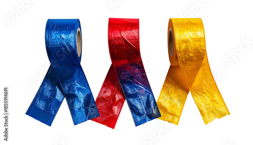 Three rolls of colored tape partially unraveled with textured surfaces and vibrant hues