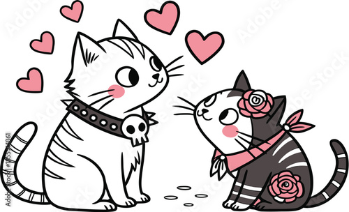 A cute black cat with a heart and a friendly domestic dog appear in this vector cartoon illustration of a loving pet couple for a Valentine card silhouette art drawing