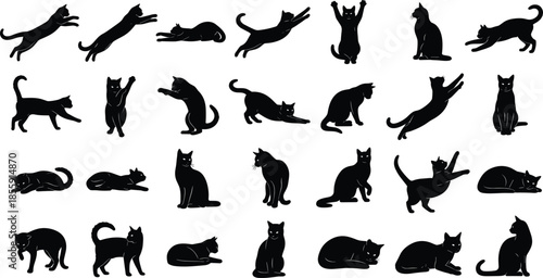 Black Cat Silhouette Collection in Various Poses and Actions for Halloween, Pet Design, Animal Motion, and Artistic Reference Use