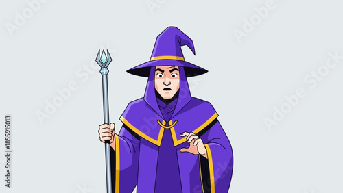 Cartoon Wizard Casting Spell with Staff in Purple Robes.