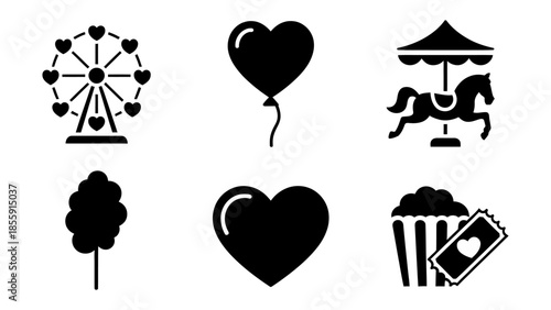 Playful Daydream: A collection of heart-themed amusement park icons, evoking nostalgic feelings of carefree joy and a lighthearted atmosphere. 