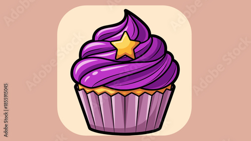 Illustration of a purple cupcake with a gold star on top.