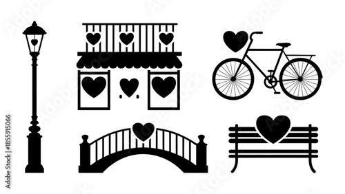 City Elements of Love: A delightful silhouette of city elements adorn with hearts like lamp post, vintage bicycle, shop and bridge, with the park bench