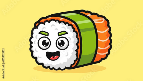 Cartoon Sushi Roll with a Cheerful Expression and Green Seaweed.