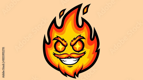 Fiery Character with Mustache and Intense Gaze, Cartoon Style.