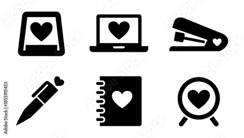 Love-Themed Stationery and Digital Elements: A collection of charming stationery items and digital tools, each adorned with a symbol of affection.