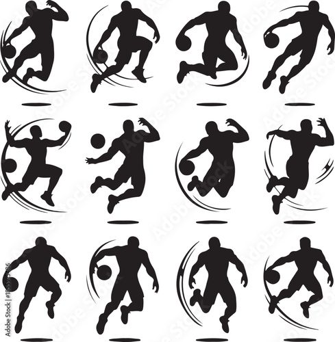 Dynamic basketball player silhouettes in various action poses
