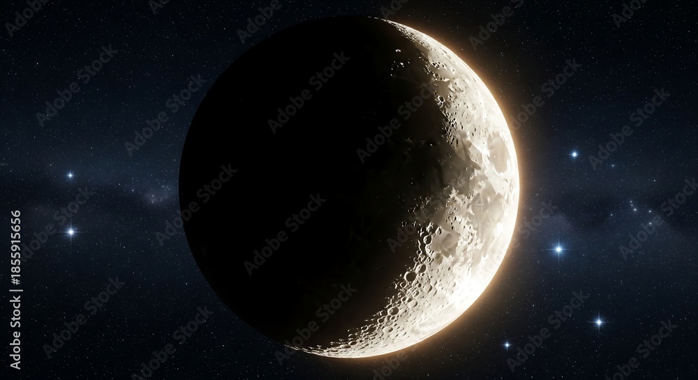 Fototapeta premium A crescent moon hangs in the dark night sky, illuminated by the sun, with distant stars twinkling.