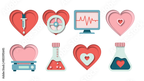 Love and Science: A set of vibrant illustrations portrays the fusion of love and scientific elements, symbolizing care, health, and medical progress. 