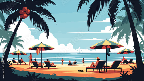 Modern vector illustration of people relaxing on tropical beach with palm trees and ocean, summer vacation lifestyle scene, ideal for travel and tourism content
