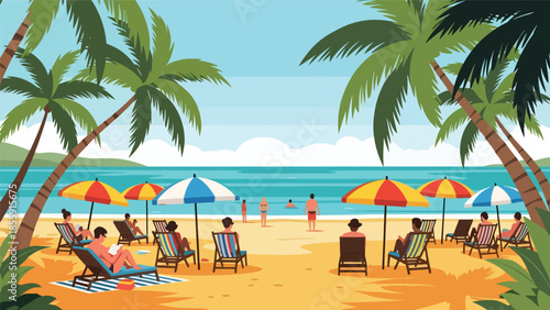 Modern vector illustration of people relaxing on tropical beach with palm trees and ocean, summer vacation lifestyle scene, ideal for travel and tourism content