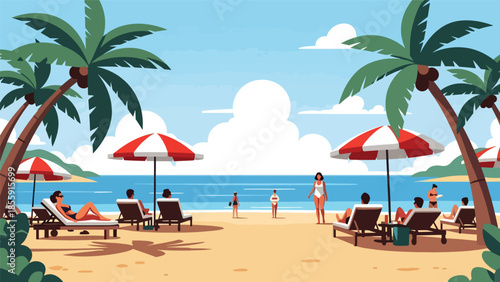 Modern vector illustration of people relaxing on tropical beach with palm trees and ocean, summer vacation lifestyle scene, ideal for travel and tourism content