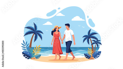 Modern vector illustration of couple walking along tropical shoreline with palm trees and waves, romantic vacation scene, ideal for travel and lifestyle designs
