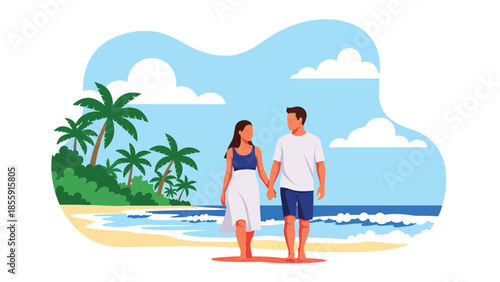 Modern vector illustration of couple walking along tropical shoreline with palm trees and waves, romantic vacation scene, ideal for travel and lifestyle designs