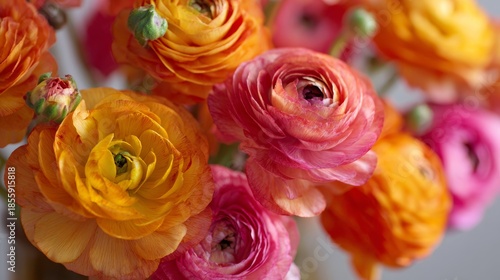 Colorful ranunculus flowers in a vase arranged for a spring gathering on a sunny day indoors