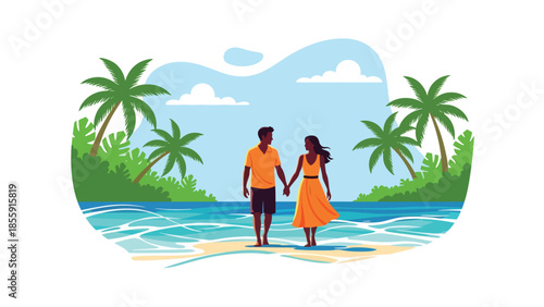 Modern vector illustration of couple walking along tropical shoreline with palm trees and waves, romantic vacation scene, ideal for travel and lifestyle designs